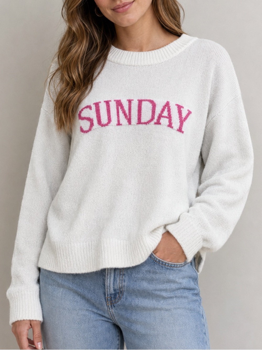 Poof New York SUNDAY Graphic Sweater White Pink Women’s Large